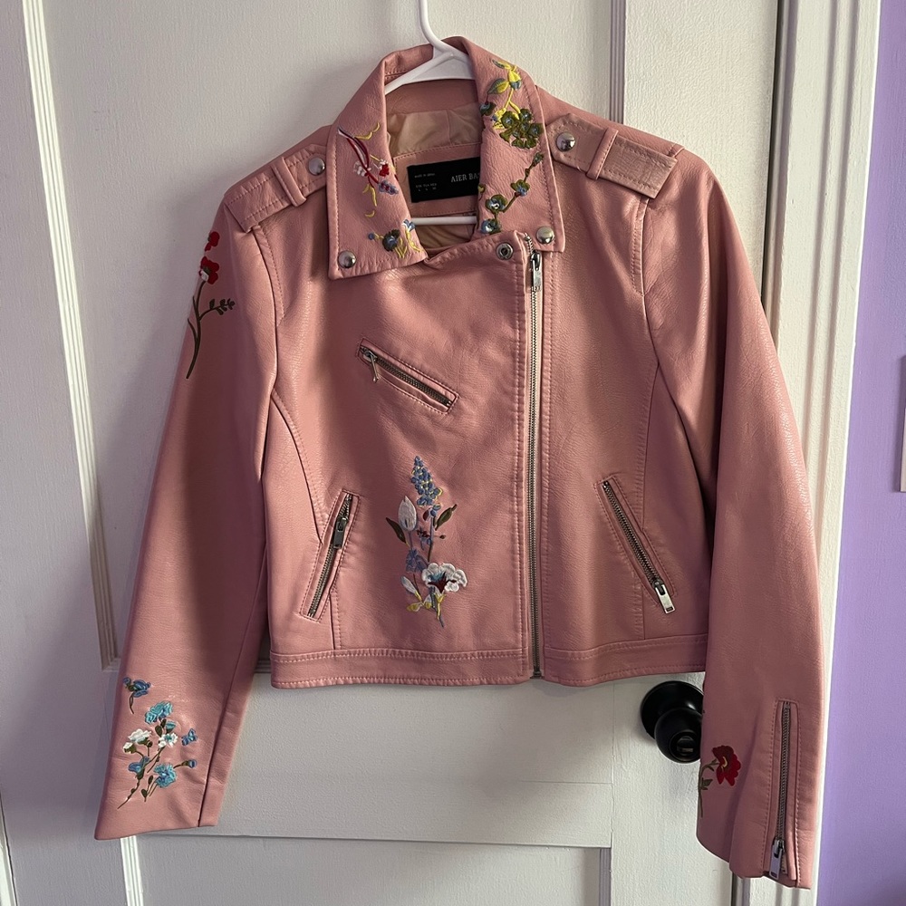 Embroidered Pink Leather Moto Jacket